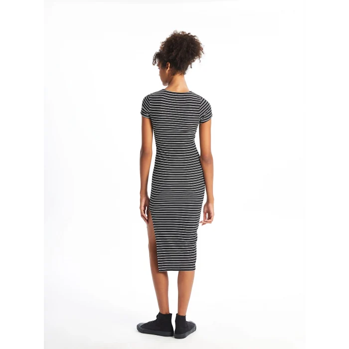 XSIDE SİYAH Bisiklet Yaka Çizgili Kısa Kollu Kadın Bodycon Elbise