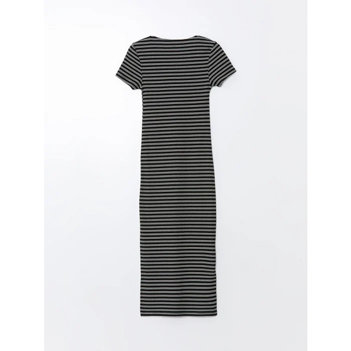 XSIDE SİYAH Bisiklet Yaka Çizgili Kısa Kollu Kadın Bodycon Elbise