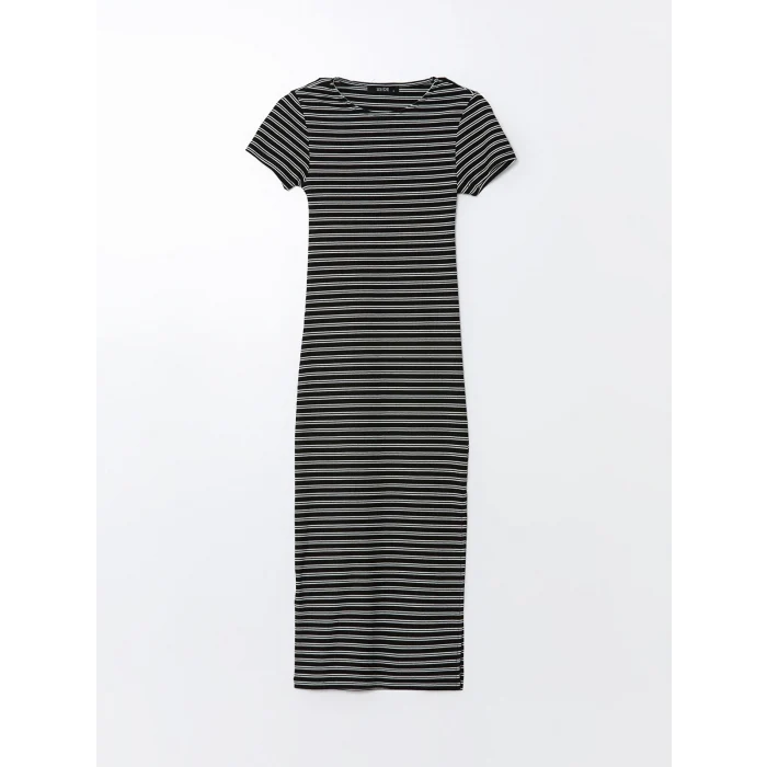 XSIDE SİYAH Bisiklet Yaka Çizgili Kısa Kollu Kadın Bodycon Elbise