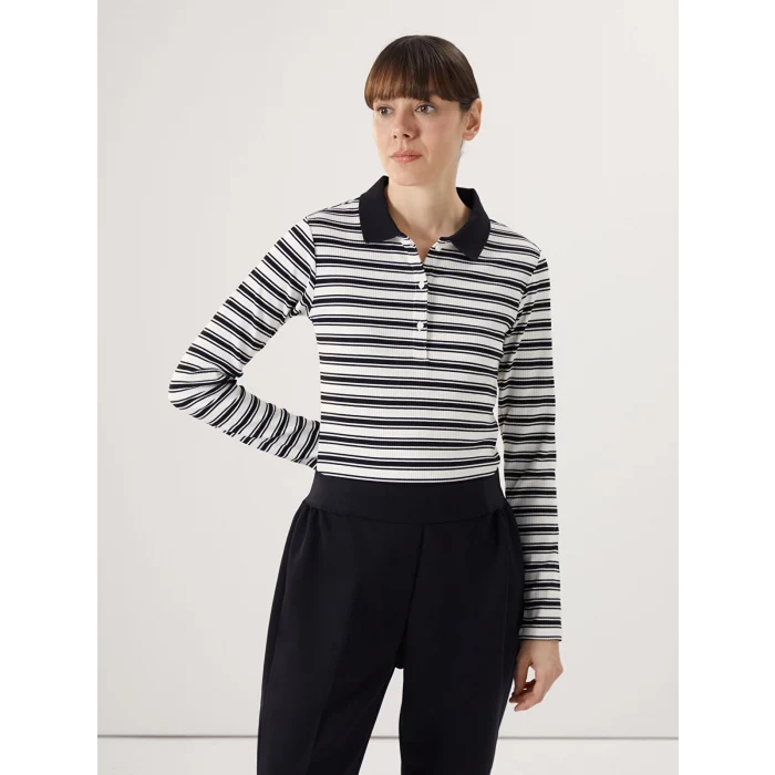 LCWAIKIKI Basic SİYAH Polo Yaka Çizgili Kadın Tişört