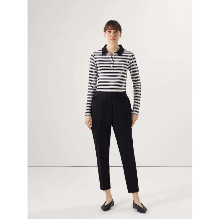 LCWAIKIKI Basic SİYAH Polo Yaka Çizgili Kadın Tişört
