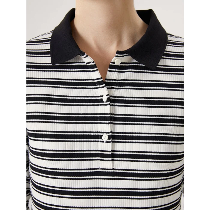 LCWAIKIKI Basic SİYAH Polo Yaka Çizgili Kadın Tişört