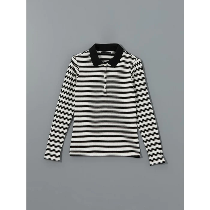 LCWAIKIKI Basic SİYAH Polo Yaka Çizgili Kadın Tişört