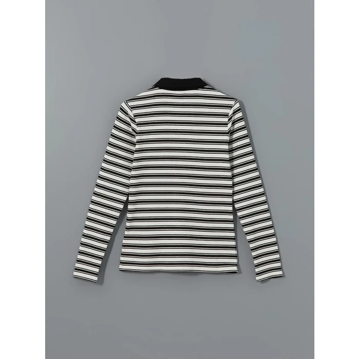 LCWAIKIKI Basic SİYAH Polo Yaka Çizgili Kadın Tişört