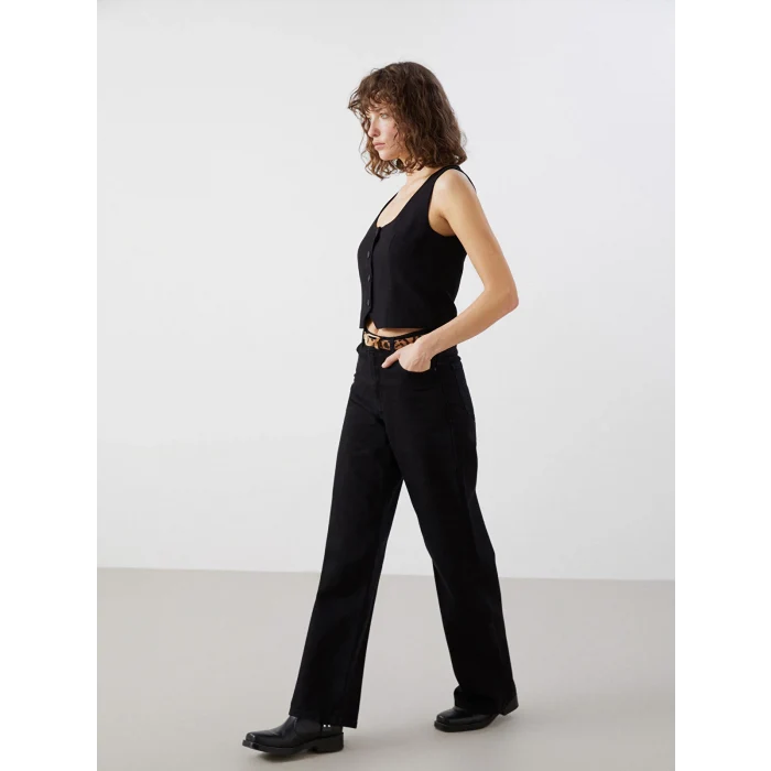 LCW Vision SİYAH Beli Kemerli Baggy Fit Kadın Jean Pantolon