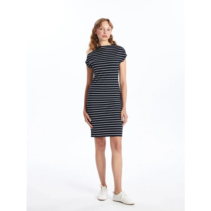 LCW Vision BEYAZ Dik Yaka Çizgili Kadın Elbise