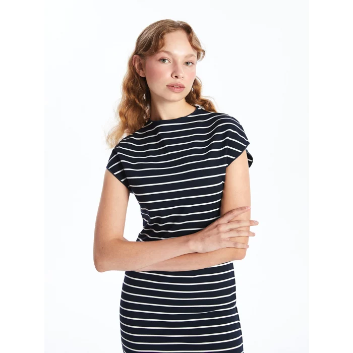 LCW Vision BEYAZ Dik Yaka Çizgili Kadın Elbise