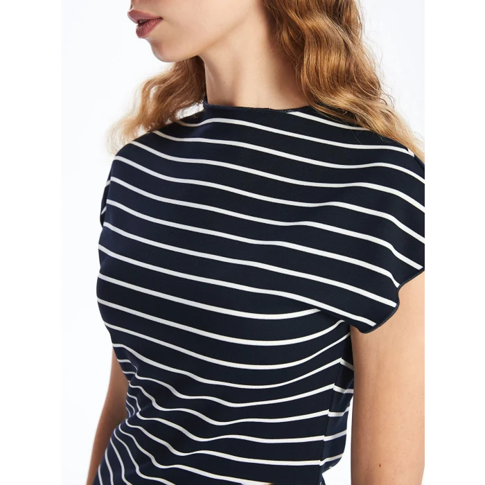 LCW Vision BEYAZ Dik Yaka Çizgili Kadın Elbise