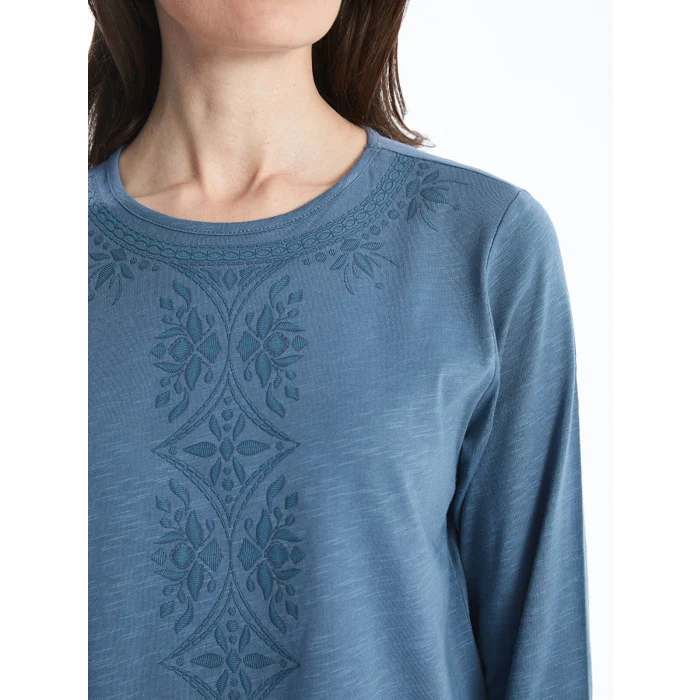 LCW Grace İNDİGO Bisiklet Yaka Nakışlı Kadın Bluz