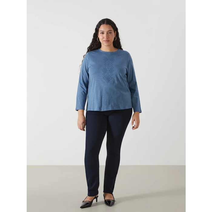 LCW Grace İNDİGO Bisiklet Yaka Nakışlı Kadın Bluz