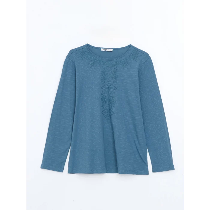 LCW Grace İNDİGO Bisiklet Yaka Nakışlı Kadın Bluz