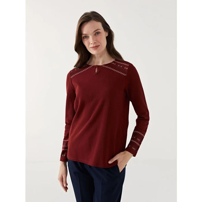 LCW Grace BORDO Bisiklet Yaka Desenli Kadın Bluz