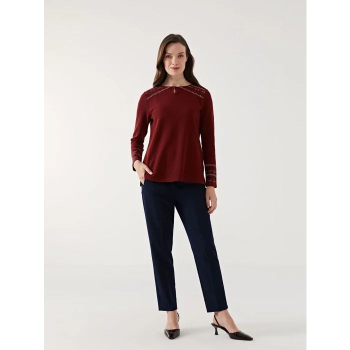LCW Grace BORDO Bisiklet Yaka Desenli Kadın Bluz