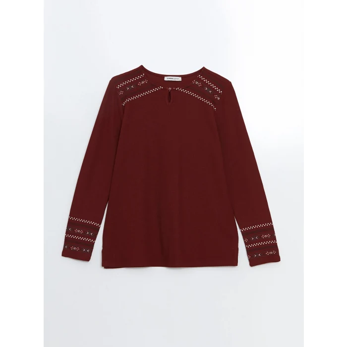LCW Grace BORDO Bisiklet Yaka Desenli Kadın Bluz