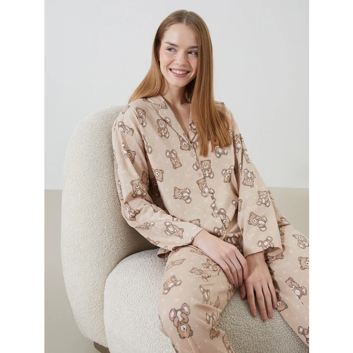 LCW Young BEJ Gömlek Yaka Desenli Kadın Pijama Takımı