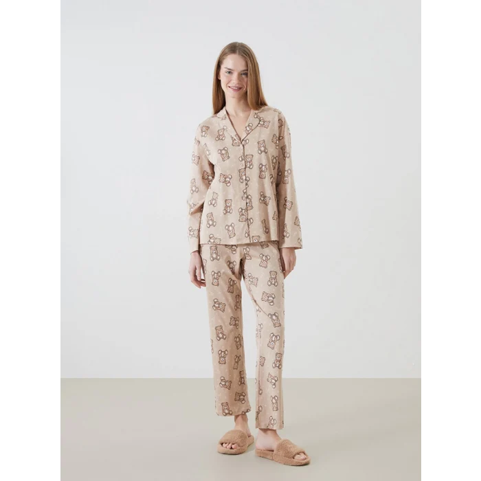 LCW Young BEJ Gömlek Yaka Desenli Kadın Pijama Takımı