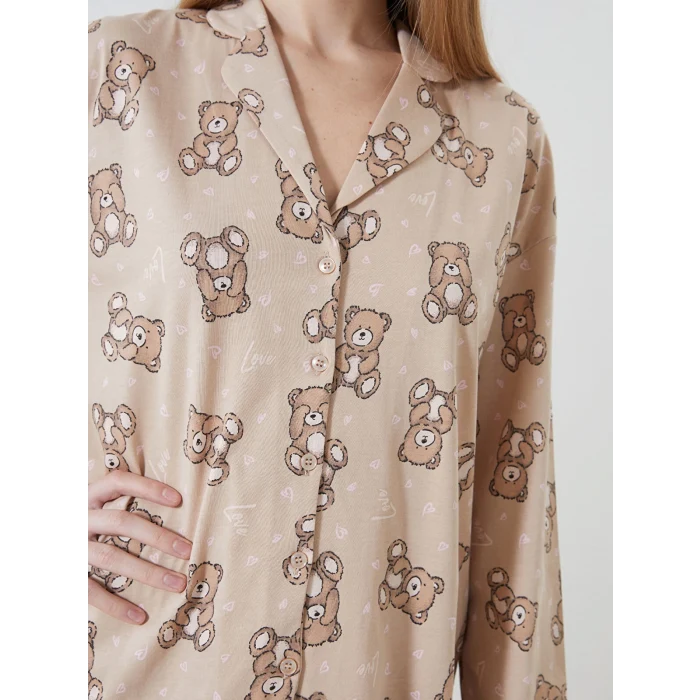 LCW Young BEJ Gömlek Yaka Desenli Kadın Pijama Takımı