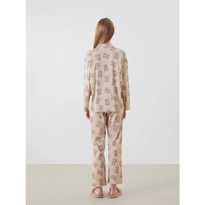 LCW Young BEJ Gömlek Yaka Desenli Kadın Pijama Takımı