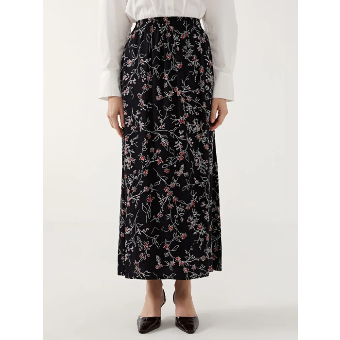 LCW Grace SİYAH Beli Lastikli Çiçekli Kadın Etek