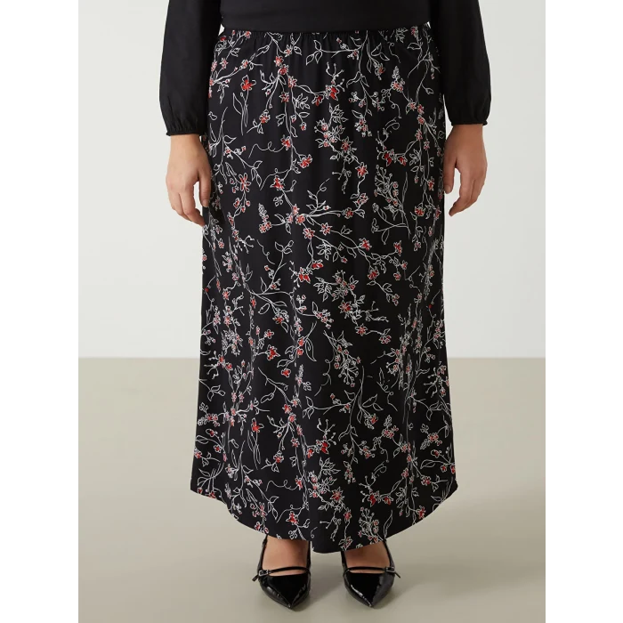 LCW Grace SİYAH Beli Lastikli Çiçekli Kadın Etek