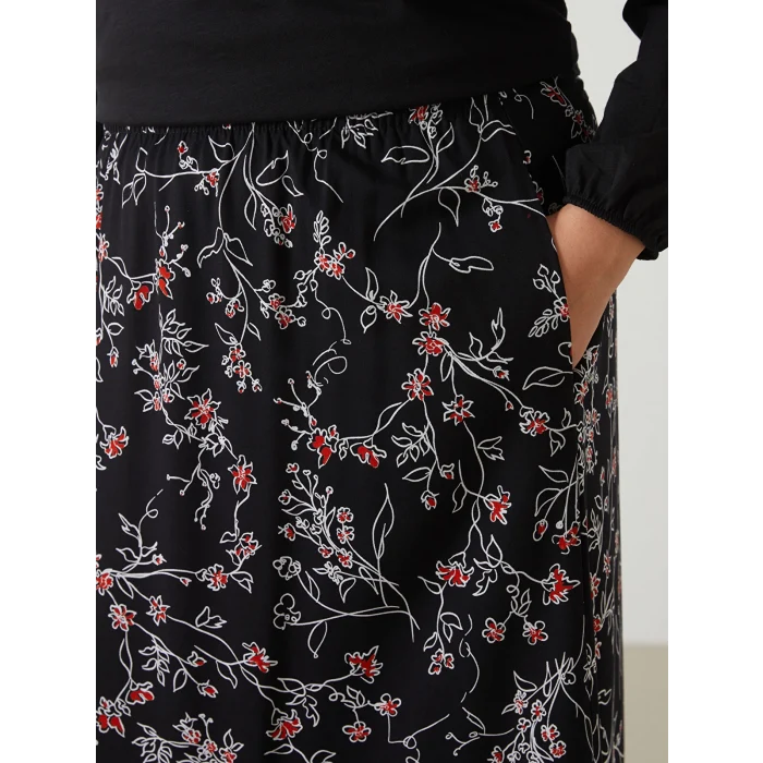 LCW Grace SİYAH Beli Lastikli Çiçekli Kadın Etek