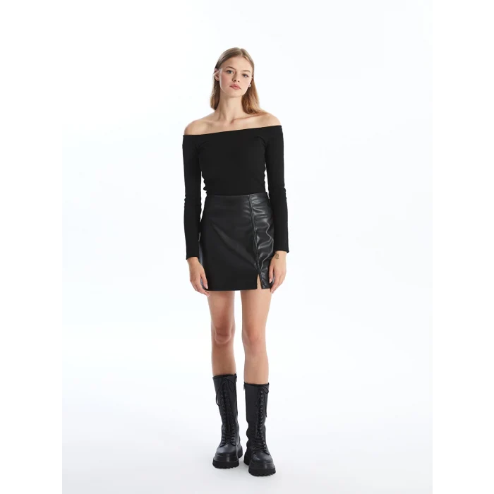 XSIDE SİYAH Beli Fermuarlı Deri Görünümlü Kadın Etek