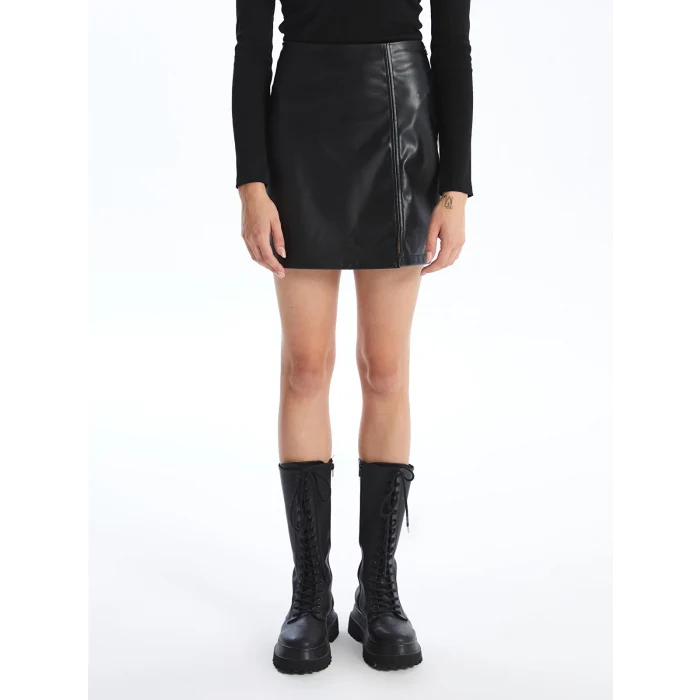 XSIDE SİYAH Beli Fermuarlı Deri Görünümlü Kadın Etek