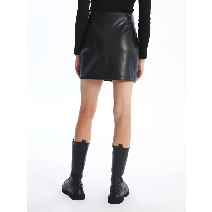 XSIDE SİYAH Beli Fermuarlı Deri Görünümlü Kadın Etek