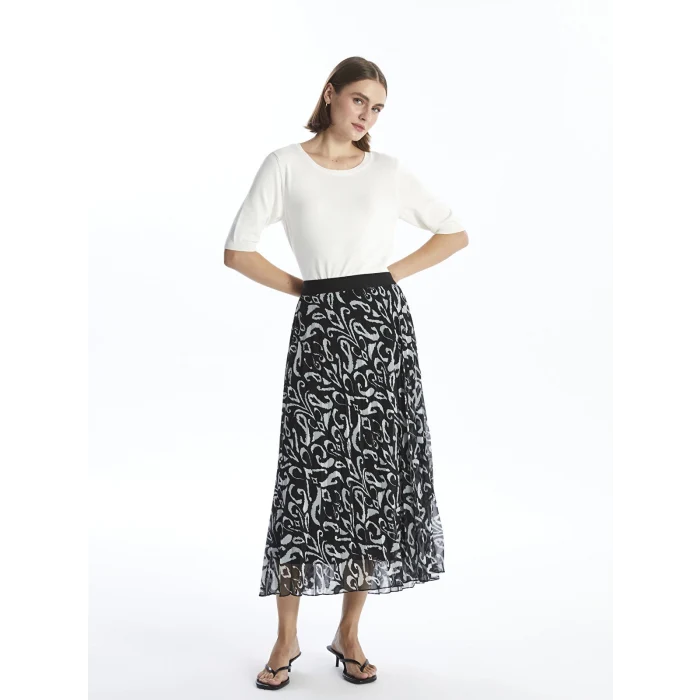 LCWAIKIKI Classic SİYAH Beli Lastikli Desenli Pileli Kadın Etek