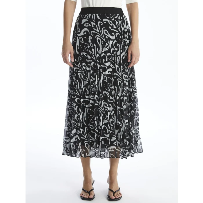 LCWAIKIKI Classic SİYAH Beli Lastikli Desenli Pileli Kadın Etek