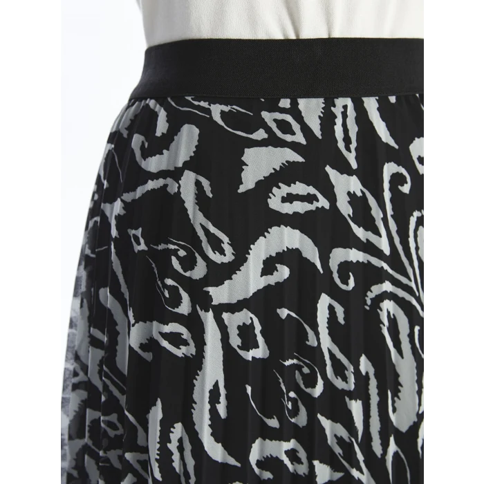 LCWAIKIKI Classic SİYAH Beli Lastikli Desenli Pileli Kadın Etek