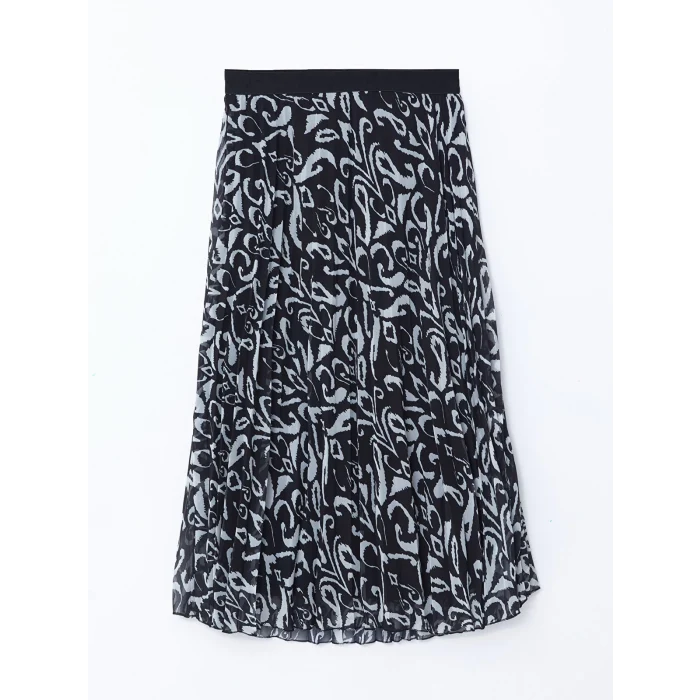 LCWAIKIKI Classic SİYAH Beli Lastikli Desenli Pileli Kadın Etek