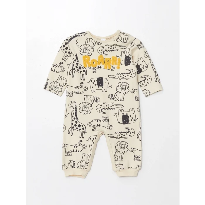 LCW baby BEJ Bisiklet Yaka Baskılı Erkek Bebek Tulum