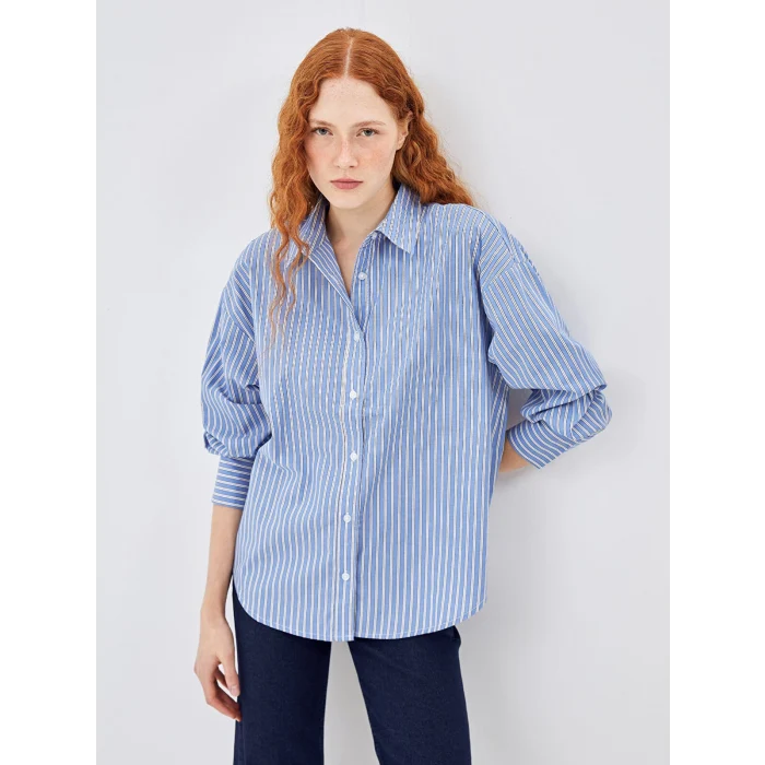 LCW Vision MAVİ Çizgili Oversize Poplin Kadın Gömlek