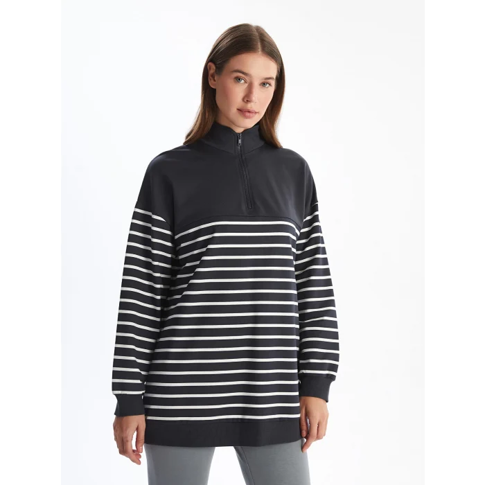 LCW Modest GRİ Dik Yaka Çizgili Kadın Sweatshirt Tunik