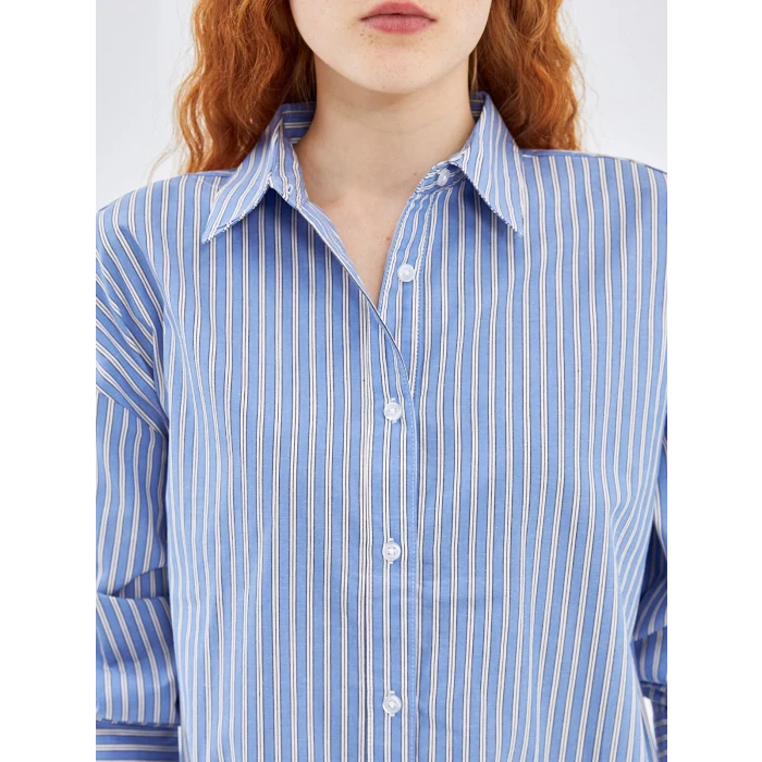 LCW Vision MAVİ Çizgili Oversize Poplin Kadın Gömlek