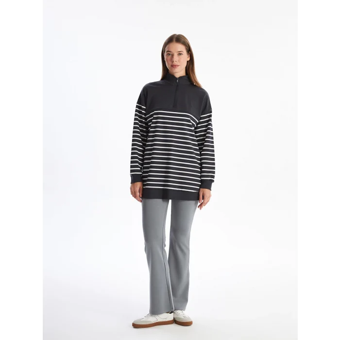 LCW Modest GRİ Dik Yaka Çizgili Kadın Sweatshirt Tunik