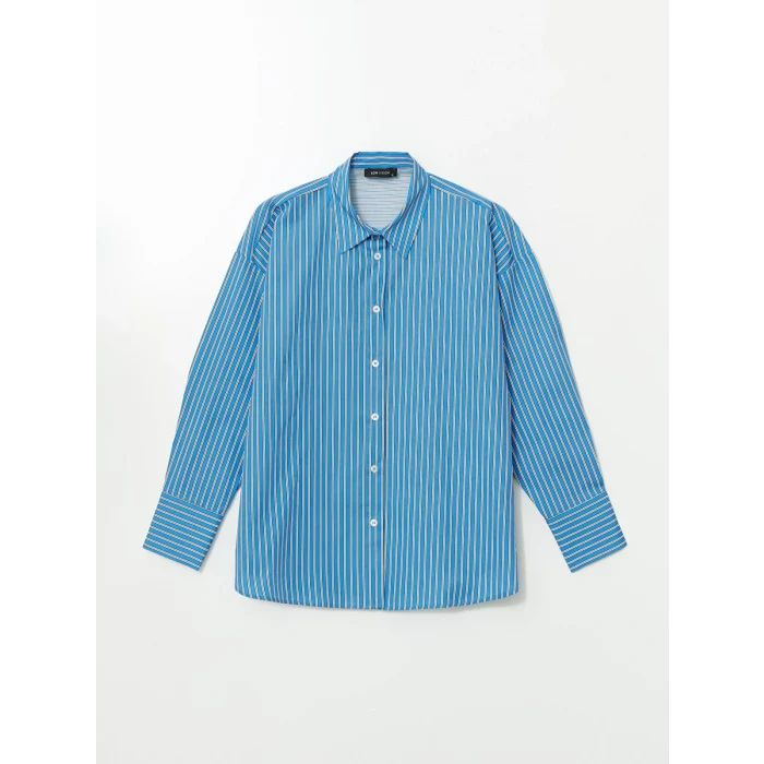 LCW Vision MAVİ Çizgili Oversize Poplin Kadın Gömlek