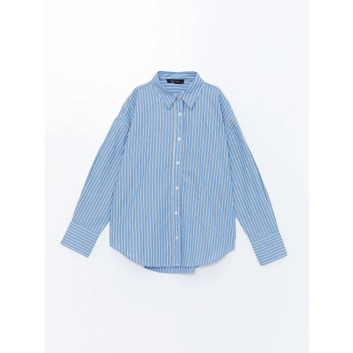 LCW Vision MAVİ Çizgili Oversize Poplin Kadın Gömlek