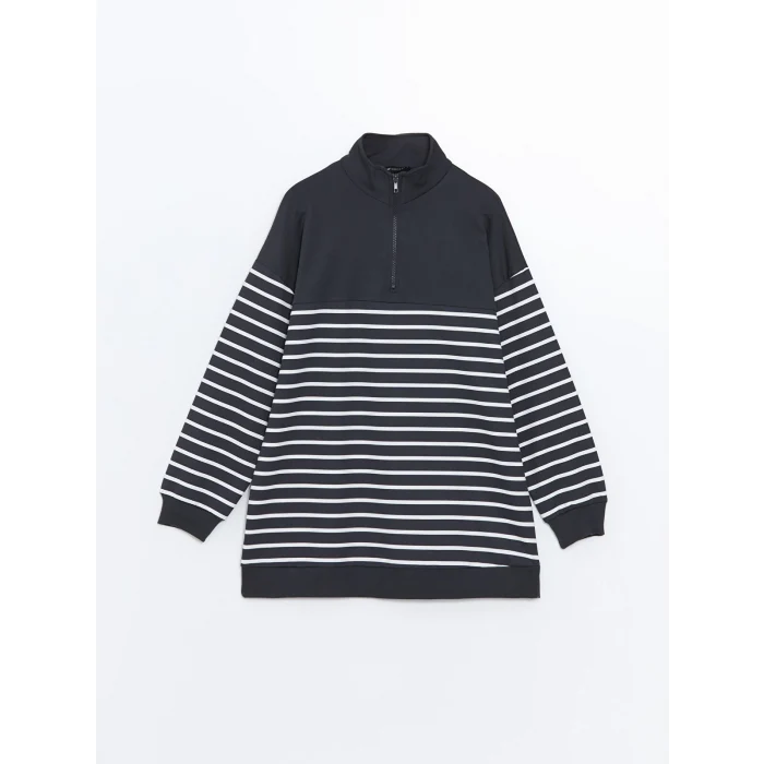 LCW Modest GRİ Dik Yaka Çizgili Kadın Sweatshirt Tunik