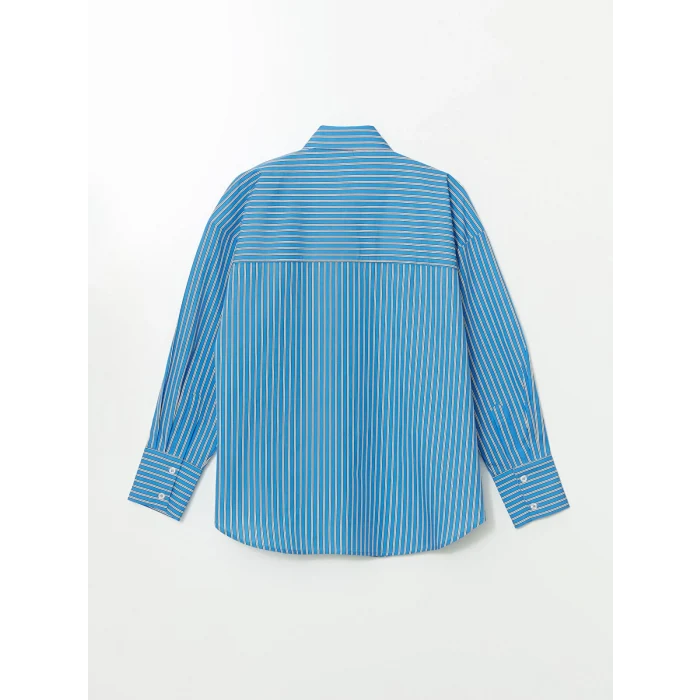 LCW Vision MAVİ Çizgili Oversize Poplin Kadın Gömlek