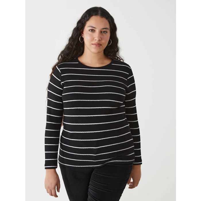 LCWAIKIKI Classic SİYAH Bisiklet Yaka Çizgili Kadın Tişört