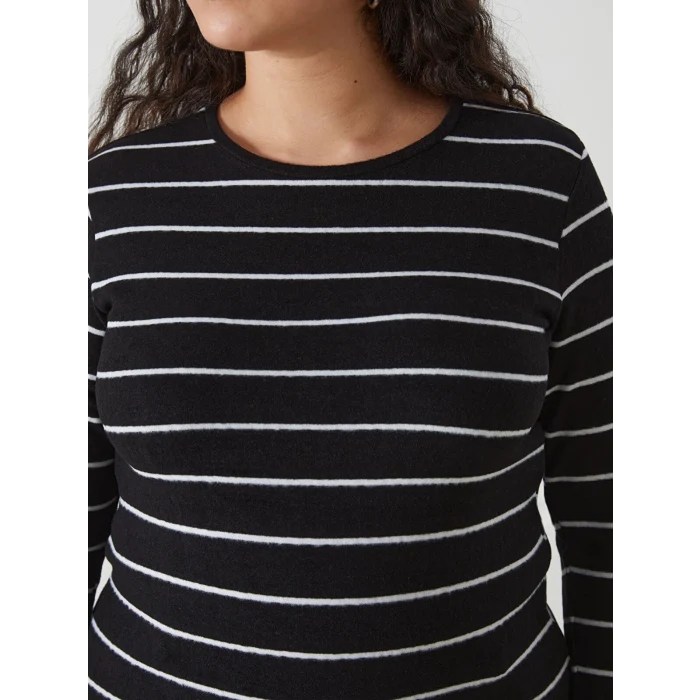 LCWAIKIKI Classic SİYAH Bisiklet Yaka Çizgili Kadın Tişört