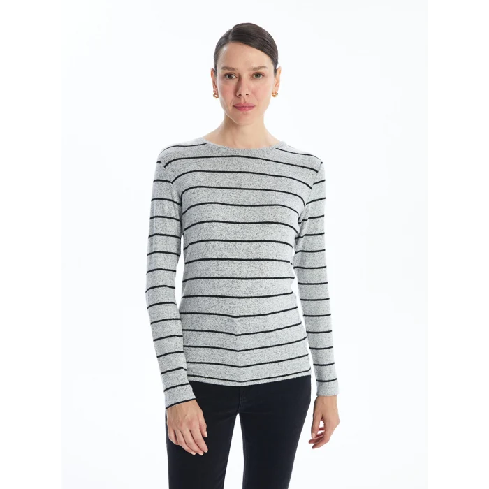 LCWAIKIKI Classic GRİ Bisiklet Yaka Çizgili Kadın Tişört