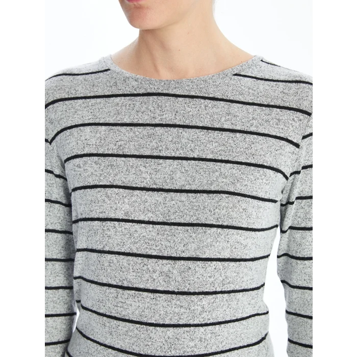 LCWAIKIKI Classic GRİ Bisiklet Yaka Çizgili Kadın Tişört