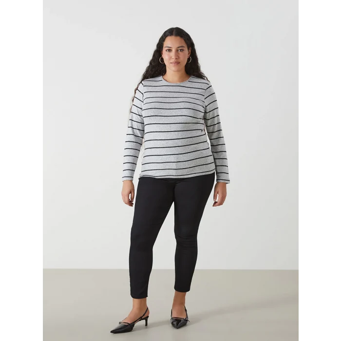 LCWAIKIKI Classic GRİ Bisiklet Yaka Çizgili Kadın Tişört