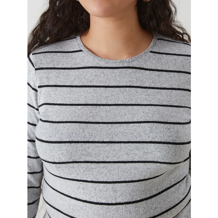 LCWAIKIKI Classic GRİ Bisiklet Yaka Çizgili Kadın Tişört