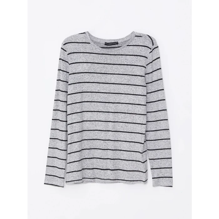 LCWAIKIKI Classic GRİ Bisiklet Yaka Çizgili Kadın Tişört