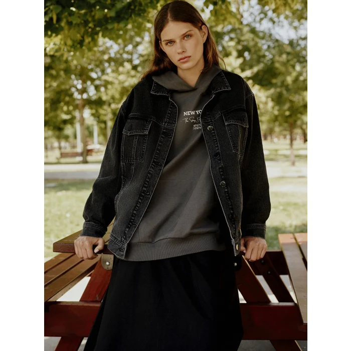 LCW Modest SİYAH Gömlek Yaka Oversize Kadın Jean Ceket