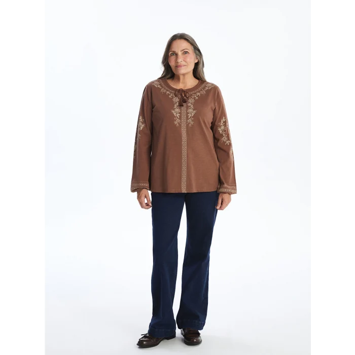 LCW Grace KAHVERENGİ Bağlamalı Yaka Desenli Kadın Bluz